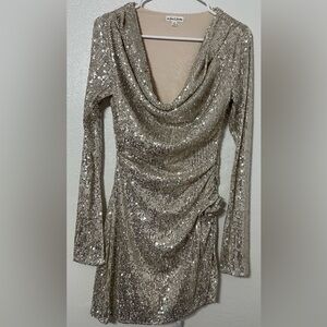 For Love & Lemons Gold Sequin Mini Dress Draped Party Cocktail Small